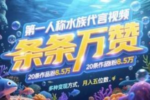 第一人称水族代言视频，条条万赞，20条作品涨粉7.8W，多种变现方式月入五位数