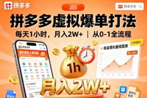 拼多多虚拟爆单打法，每天1小时，月入2W+，从0-1全流程